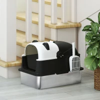 PawHut Arenero para Gatos Grandes Cubierto XL de Acero Inoxidable con Tapa Abatible Pala Bolsa Desodorante Diseño Panda Negro(m-9)