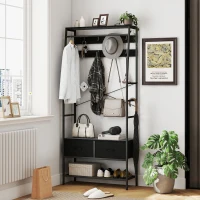 HOMCOM Kapstok met Schoenenrek in Industriële Stijl, Kledingrek met 2 Stoffen Lades, 8 Haken, Metalen Frame, Zwart(m-2)