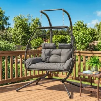 Outsunny Rattan Double Hanging Egg Chair with Stand, Foldable Wicker Swing Egg Chair with Cushion, Head Pillows, Steel Frame, Hammock Chair for Indoor Outdoor, Capacity 260 kg, Dark Grey(m-14)