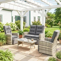 Outsunny 4 Piece Rattan Garden Furniture Set Outdoor Sofa Sectional Set with Glass Top Table for Poolside, Light Grey(m-8)