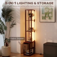 HOMCOM Floor Lamp with Shelves, LED Column Modern Standing Lamp with Fabric Drawer, Adjustable Brightness, Foot Switch for Living Room, Bedroom, Office, Dark Brown(m-4)