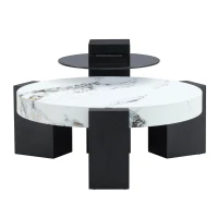 Table basse ronde moderne à 2 niveaux, design démontable et modulable, bords arrondis, 61x61x30 cm, Blanc+Noir(m-2)