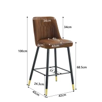 Lot de 2 tabourets de bar hauteur, design moderne et confortable, dossier incurvé et repose-pieds, 42x45x100 cm, Marron+Noir(m-3)