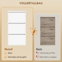 HOMCOM Metalen schoenenkast met 3 klapladen, slank ontwerp, wandmontage, voor 6 paar schoenen, wit(m-6)