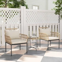 Outsunny 3 Piece Rattan Bistro Set, Wicker Garden Furniture Set with Cushions, Glass Top Coffee Table and Chairs for Outdoor, Patio, Balcony, Beige(m-10)