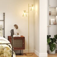 HOMCOM Lampada da Terra Moderna con 2 Luci e Teste Regolabili, Interruttore a Pedale, Oro(m-7)