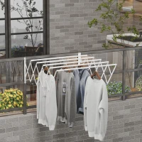 HOMCOM Tendedero de Pared Extensible de 63,5 cm Tendedero de Ropa de Metal con 5 Barras para Interior y Exterior Baño Balcón Carga 10 kg 63,5x60x20 cm Blanco(m-10)