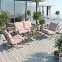 Outsunny Conjunto de Jardim de 4 Peças com Sofá de 2 Lugares 2 Poltronas Mesa de Vidro Temperado e Almofadas Grossas para Terraço Rosa(m-2)