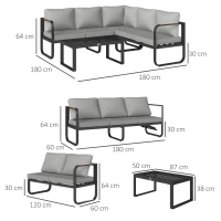 Outsunny L-vorm tuinset weerbestendig metaal zitgroep voor 5 personen tuinlounge met 2- en 3-zitsbank, kussens en bijzettafel, outdoor balkonmeubel-set terrasmeubel voor tuin en balkon, grijs(m-3)