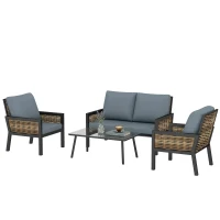 Outsunny 4 Seater Rattan Garden Furniture Set with 2 Armchairs, Loveseat, Coffee Table, Garden Sofa Set with Cushions, Grey(m-15)