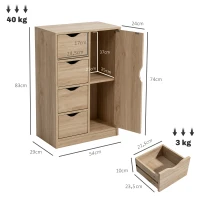 HOMCOM Armário de Sala de Estar Aparador Auxiliar com 4 Gavetas 1 Armário e Prateleira Inferior Móvel de Armazenamento Múltiuso para Dormitórios Sala de Jantar 54x29x83cm Carvalho(m-4)