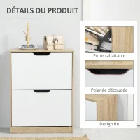 HOMCOM Meuble à chaussures 8 paires, armoire à chaussures étroite, 2 tiroirs rabattables, chêne et blanc(m-5)