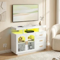 HOMCOM Aparador com LED RGB de 7 Cores, Tomadas, Portas USB, 3 Gavetas, Prateleiras Abertas, 2 Portas, Branco Brilhante, 100x35x80 cm(m-8)