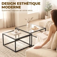 HOMCOM Lot de 2 tables basses gigognes, table de salon avec plateau en verre trempé et structure en métal, noir(m-5)
