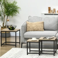 HOMCOM Set van 3 bijzettafels, industrieel ontwerp, zwart stalen frame, tafelblad met houteffect(m-7)