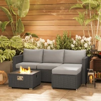 Outsunny Five Piece Rattan Garden Furniture Set with Gas Fire Pit Table and Footstool - Grey(m-10)