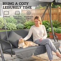 Outsunny Outdoor 2-in-1 Swing Chair Lounger 3 Seater Garden Swing Seat Bed Convertible Tilt Canopy W/ Cushion, Light Grey(m-6)