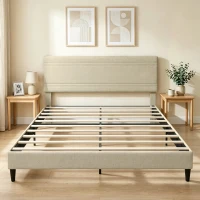 HOMCOM Estructura de Cama 160x200 cm con Somier de Madera Acolchada en Efecto Lino y 9 Patas de Acero Beige(m-2)