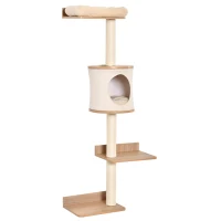 PawHut Árbol para Gatos de Pared 38x30x149 cm con Múltiples Plataformas de Madera Cueva Cama Superior Cojín Extraíble Postes Rascadores de Sisal Torre para Escalar Beige y Roble(m-12)