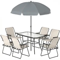 Outsunny Conjunto de Mesa e Cadeiras de Jardim de 8 Peças com Chapéu de Sol 6 Cadeiras Dobráveis e Mesa de Vidro Creme e Cinza(m-11)