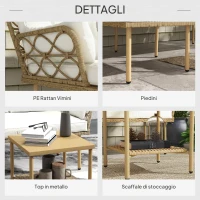 Outsunny Set da Giardino 3pz con Chaise Longue, Divanetto, Cuscini e Tavolino, in Rattan e Acciaio, Bianco Crema e Legno(m-6)