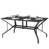 Outsunny Tuintafel Staal 150x90 cm Weerbestendige Balkontafel met Parasolgat, Lamellendesign voor 6 Personen Zwart(m-10)