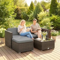 Outsunny 3 Pieces Garden Furniture Set w/ Cushions, PE Rattan Wicker Conversation Corner Sofa Set, Light Grey(m-8)