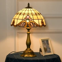 HOMCOM Tiffany Stained Glass Table Lamp, Handmade Antique Bedside Lamp, Decorative Night Light for Bedroom, Living room, Home, Nightstand(m-10)
