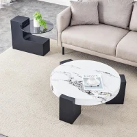 Table basse ronde moderne à 2 niveaux, design démontable et modulable, bords arrondis, 61x61x30 cm, Blanc+Noir(m-4)
