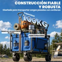 Outsunny Carro de Jardín Plegable con Ruedas Grandes Bloqueables Barra Ajustable Portavasos para Campaña 125x59x133 cm Azul(m-8)