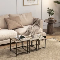 HOMCOM Set van 3 bijzettafels, industrieel ontwerp, zwart stalen frame, tafelblad met houteffect(m-2)