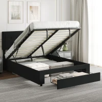 HOMCOM 4ft6 Double Ottoman Bed Frame, with Front Drawer - Black(m-2)