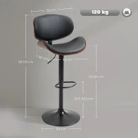 HOMCOM, Set de 2 Scaune de Bar, Cu Spătar Reglabile pe Înălțime, PU, oțel, 53x52x96-116 cm, Negru(m-3)