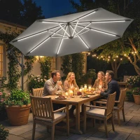 Outsunny 3 m Garden Cantilever Parasol with LED Solar Light, Round Overhanging Umbrella with 360° Rotation, Cover, Grey(m-10)