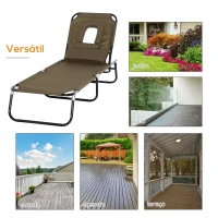 Outsunny Espreguiçadeira Dobrável com Encosto Ajustável 4 Posições com Orifício para Leitura Almofada Tecido Oxford 190x56x28 cm Castanho(m-6)