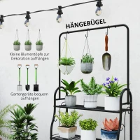 Outsunny Bloemenrek, 3-laags plantenrek met hanghaken, metalen rek voor bloempotten, geschikt voor binnen en buiten, zwart(m-5)
