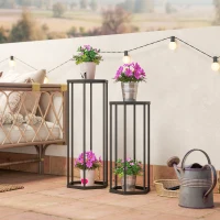 Outsunny Lot de 2 supports pour plantes, tabouret à fleurs hexagonal en métal, intérieur et extérieur, noir(m-9)