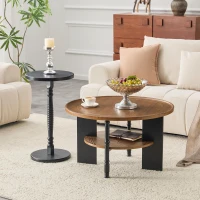 Set de 2 tables basses rondes, rayures et à l'humidité, bords arrondis, 80x80x47 cm, Noyer+Noir(m-4)