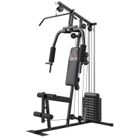 HOMCOM Máquina de Musculação com Pesos Ajustáveis de 45 kg, Press de Peito e Pernas, Polia, 135x103x200 cm, Preto(m-1)