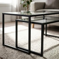 HOMCOM 2-delige set salontafels, glazen tafels, met poedergecoat staal, zwart + transparant(m-12)