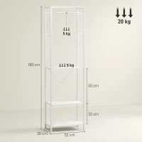 HOMCOM Cuier cu suport pentru pantofi pe 2 niveluri, bară pentru haine, 4 cârlige, raft superior, 52x30x180 cm, alb(m-3)