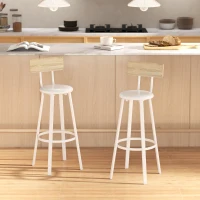 HOMCOM Conjunto de 2 Bancos de Bar Bancos Altos de Cozinha com Encosto e Apoio para Pés Estofados em PU Assento 41,5x36,5x99,5 cm Madeira e Branco(m-11)