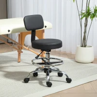 HOMCOM Banco Giratório com Rodas e Encosto Apoio para Pés Altura Ajustável Estofado em Couro Sintético 52x52x78-92 cm Preto(m-10)
