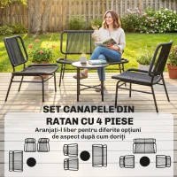 Outsunny Set Mobilier Grădină Ratan 4 Piese, Canapea pentru Exterior cu Măsuță Metalică, Negru(m-4)