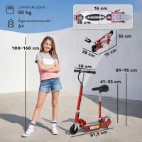 HOMCOM Trottinette électrique 120 W pliable pour enfant de 7 à 12 ans hauteur guidon et selle réglable 10 Km/h max. rouge(m-3)