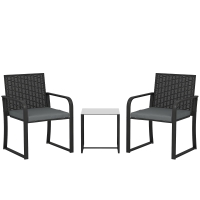 Outsunny Conjunto de Muebles de Jardín de Ratán Sintético con 2 Sillas con Cojines y Mesa con Tablero de Vidrio Gris