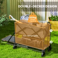 Outsunny Double Decker Folding Festival Trolley on Wheels, 200KG & 350L Capacity Collapsible Wagon Festival Trolley Cart with 134cm Extended for Camping Sports Shopping Garden and Beach, Grey(m-4)