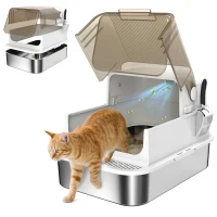 PawHut Bac à litière pour chat fermé en acier inoxydable, maison de toilette pour chat avec pelle, 70 x 50 x 46,5 cm, blanc(m-11)