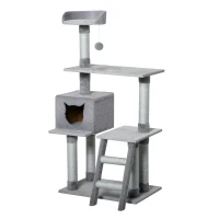 PawHut Tiragraffi Palestra per Gatti Multilivello con Casetta Scala Piattaforme, Pali in Corda di Juta, Grigio, 60.5x40x124cm(m-10)