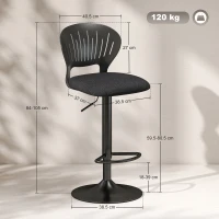 HOMCOM Set 2 Scaune de Bar Reglabile, Scaune de Bucătărie Înalte din Material Textil cu Efect de In cu Spătar, Suport pentru Picioare și Șezut Moale, Cadru Metalic, Scaune Rotative la 360°, Negru(m-3)